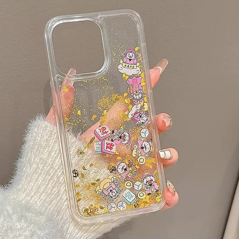 INS Chinese New Year God of Wealth Print Quicksand Transparent Phone Case For iPhone 16 15 14 13 12 Pro Max Protective Cover