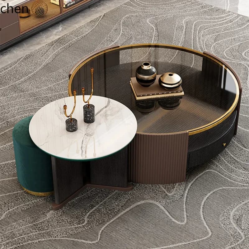 O15- sintered stone extendable round coffee table and tv stand set