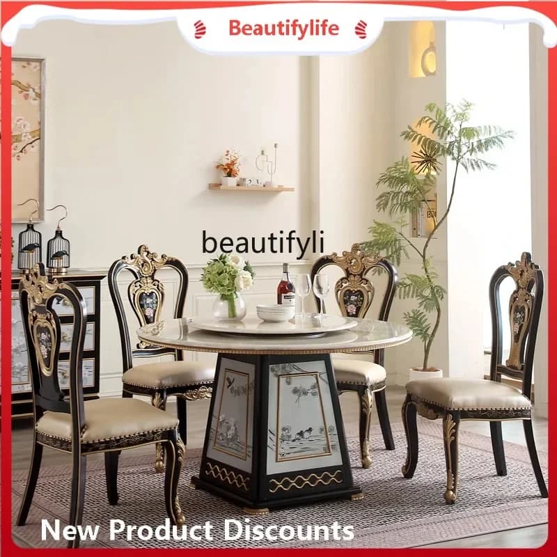 K185 New Chinese Style French Villa Retro Painted Marble Round Household Solid Wood Dining Table and Chairs