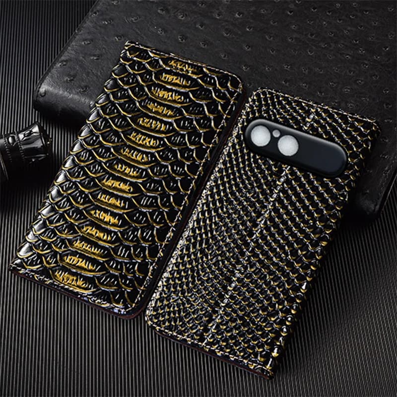 Genuine Leather Flip Case For Sony Xperia 10 VII Phone Cover Card Cases Dragon Scale Handmade Scratch Proof