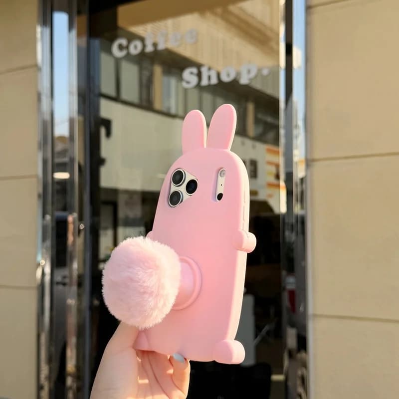 Cute Fluffy Bunny Tail Silicone Phone Case for iPhone 12 13 14 15Plus 16 17 18 Pro Max Animal Design Soft Pom Pom Ball Cover