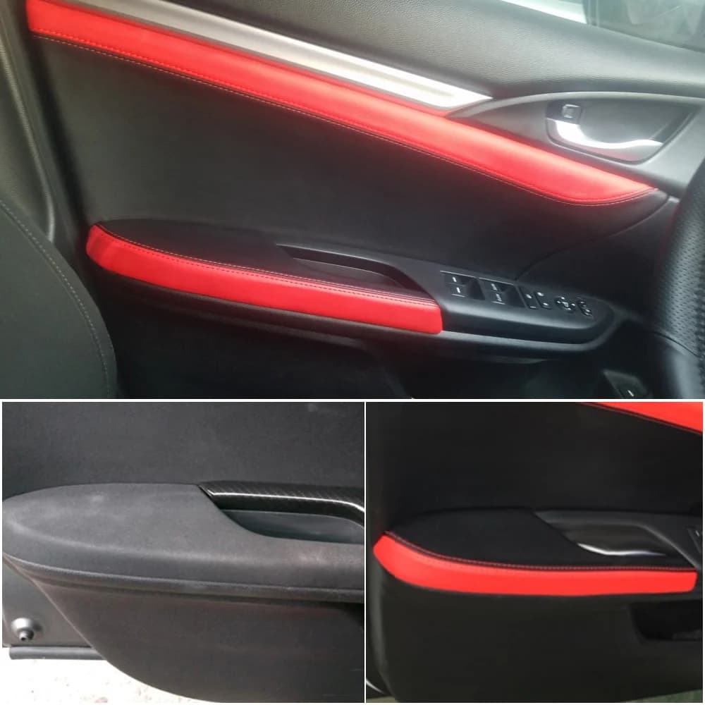 For Honda Civic 10th Gen 2016 2017 4pcs Microfiber Leather Door Handle Panels Armrest Cover Black with Red Edge