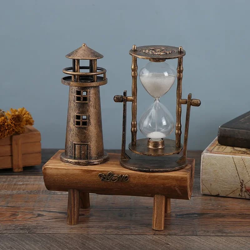 Vintage Bronze Lighthouse Hourglass Ornament 3D Desktop Decor for Home & Office Creative School Season Gift Desktop Ornament