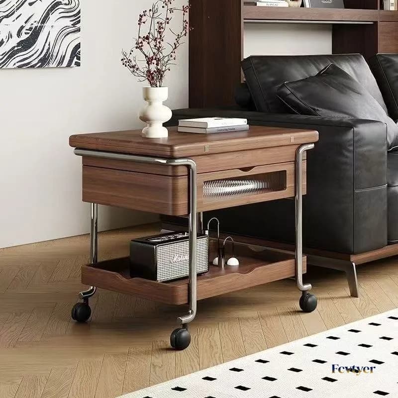 DSA medieval style solid wood trolley living room small apartment home mobile folding retro pulley liftable side table