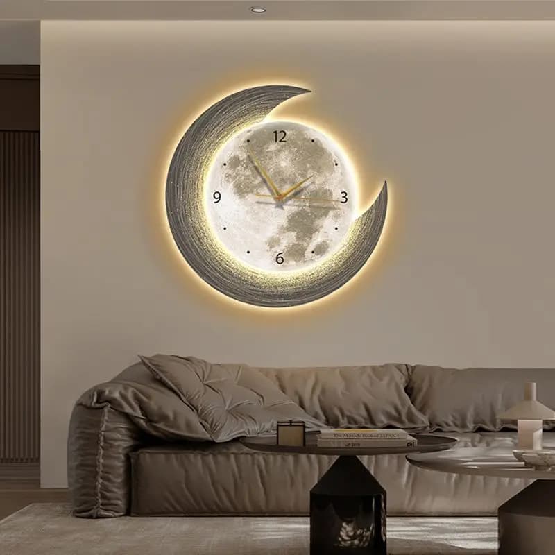 Modern light luxury living room wall clock restaurant moon decoration painting creative clock wall light dining room hanging pai