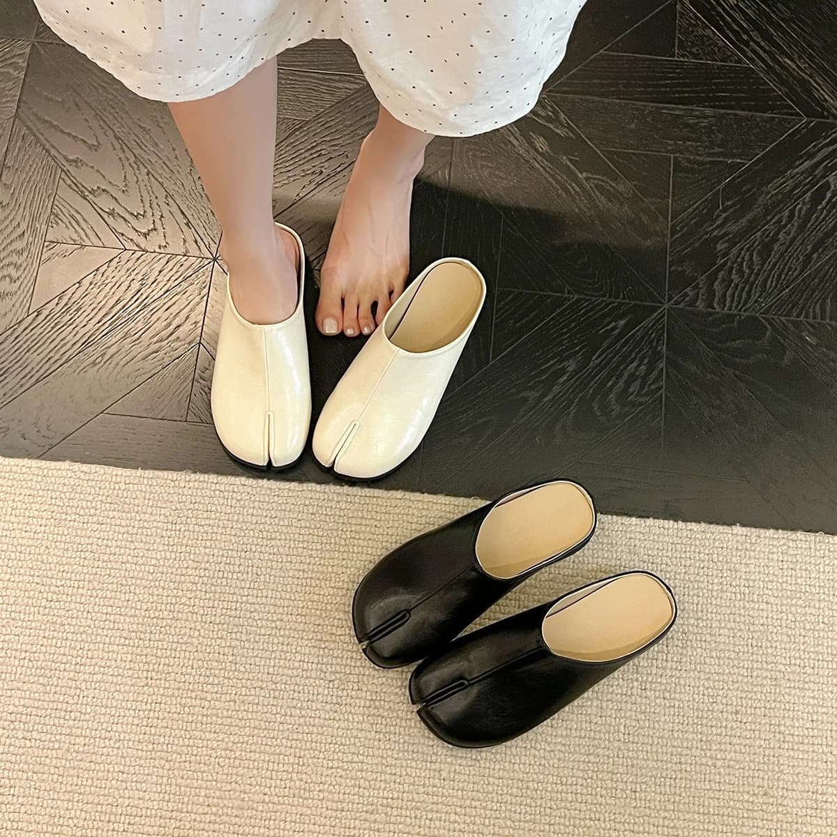 Retro style one-pedal split-toed pig's trotters shoes bag head slippers women's summer outer wear flat bottom half drag