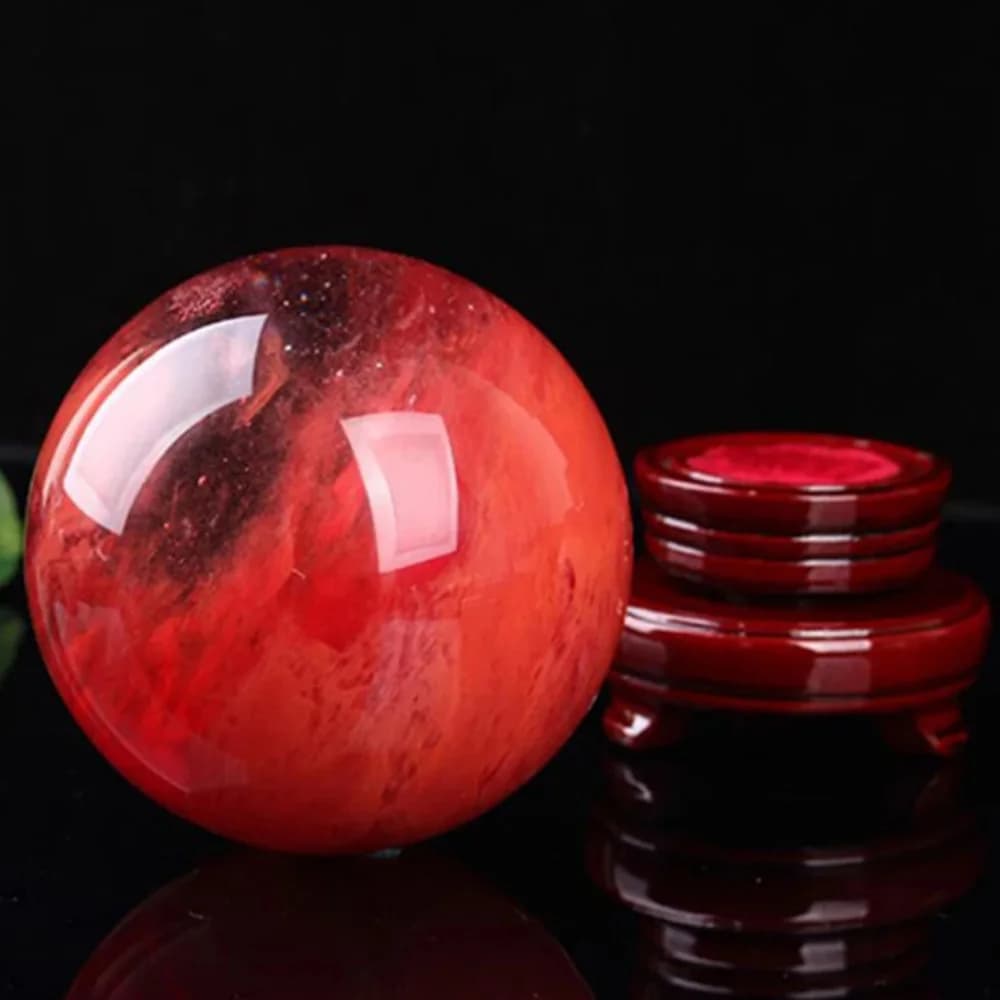 Red Smelting Quartz Crystal Ball with Stand Natural Gemstone Sphere for Meditation Divination Feng Shui Home Decor 70-80mm