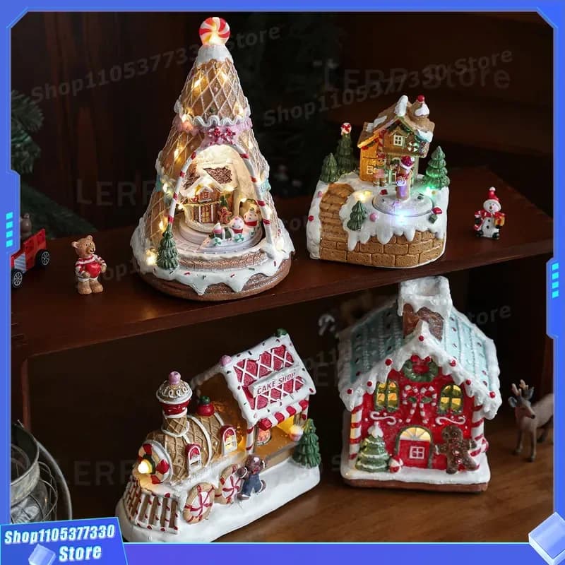 Rotating Electric Music Box Resin Christmas House Luminous Igloo Craft Ornament Holiday Decoration Gift For Home Table