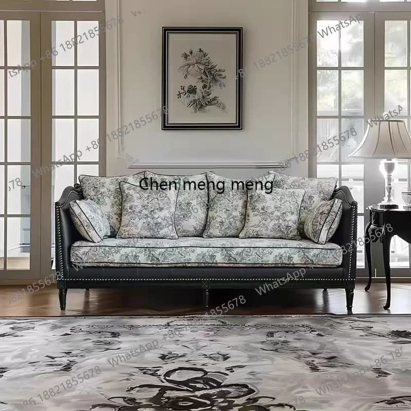 American retro solid wood sofa three-person black and white flower printed rivet decorative sofa