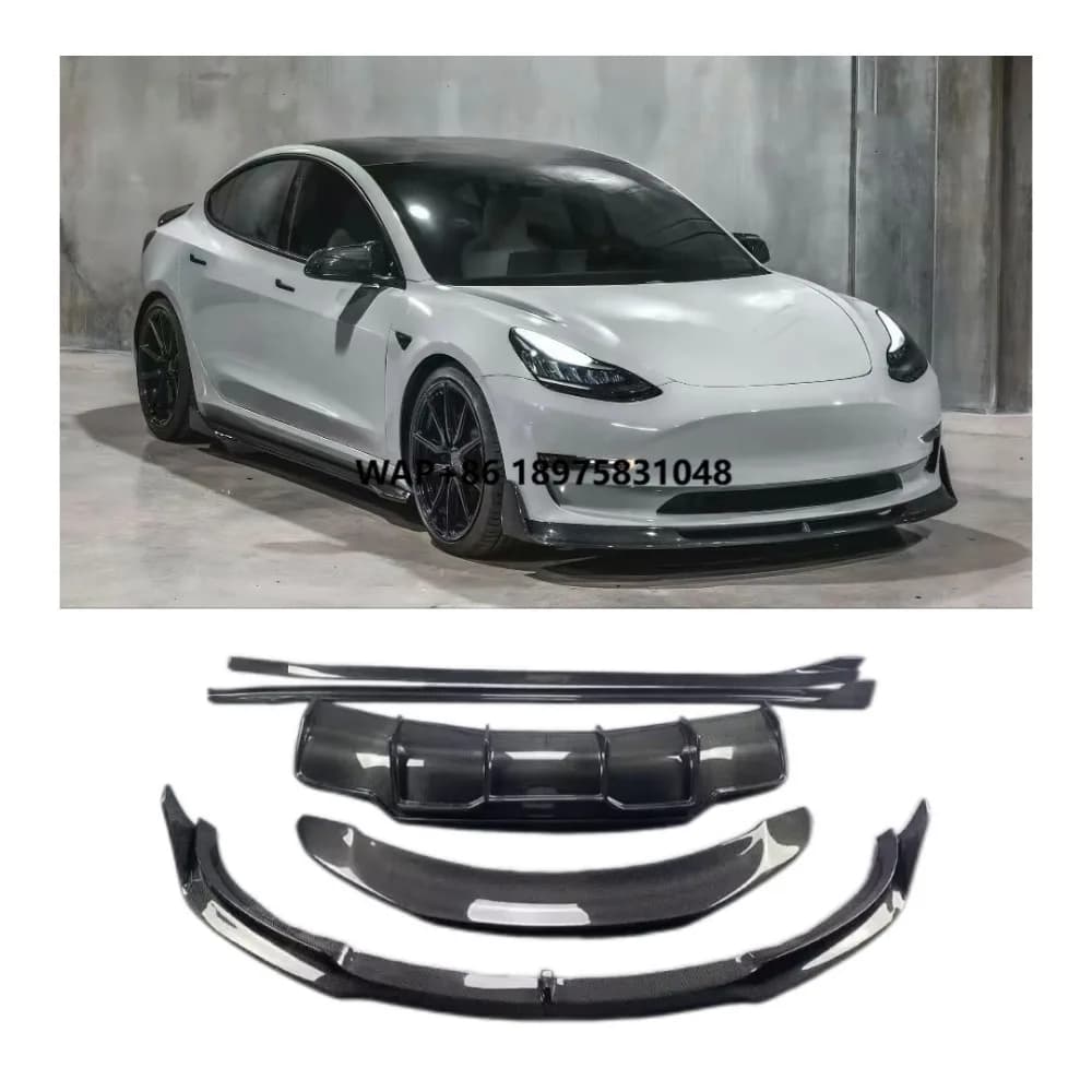 High Quality Model 3 Carbon Fiber V Style Front Lip Side Skirt Rear Bumper Diffuser Body Kits 2019-2022
