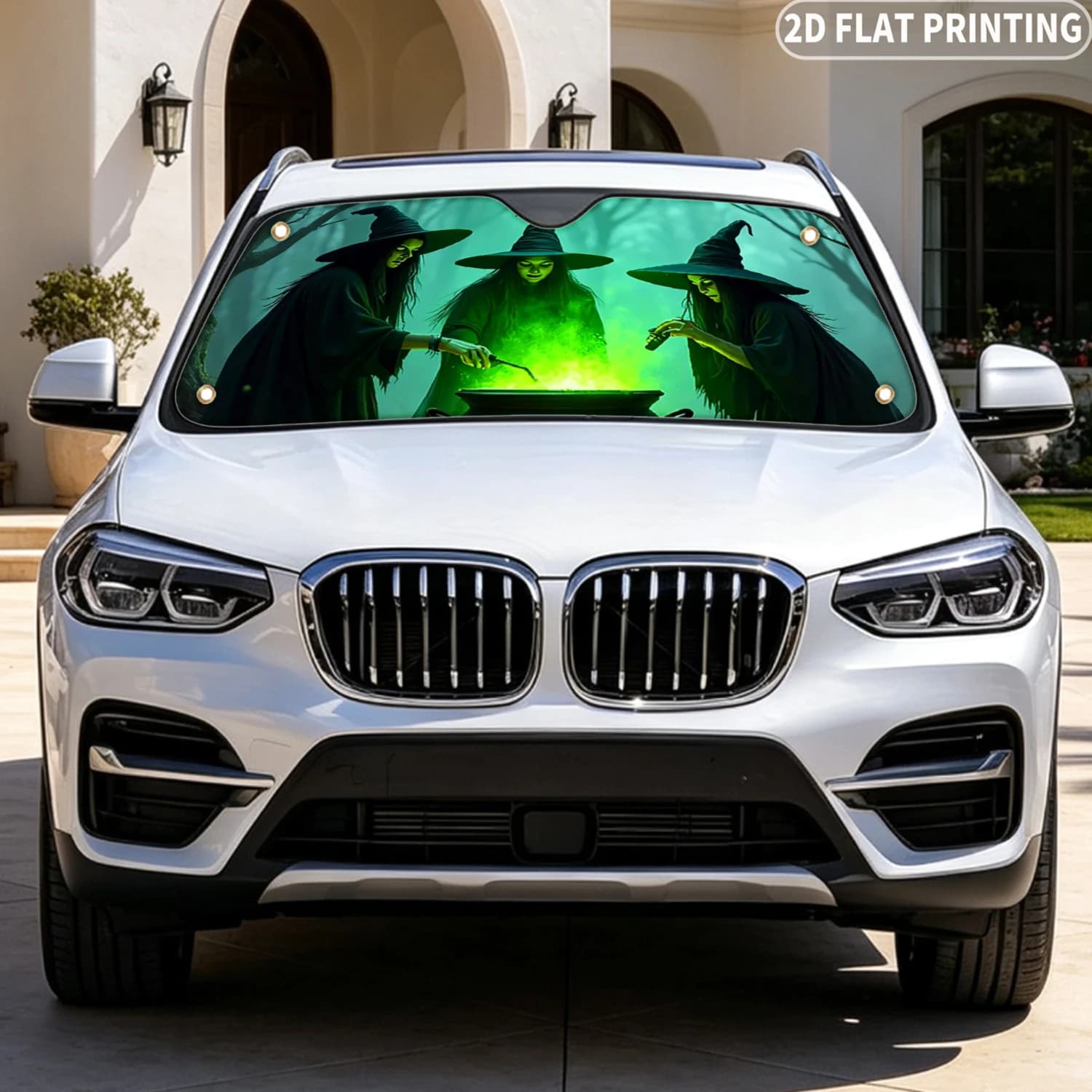 1pc Universal Car Windshield Sunshade, With Three Witches Stir Green Cauldron 2D FLAT Printing Design, A Sunshade With 4 Suction