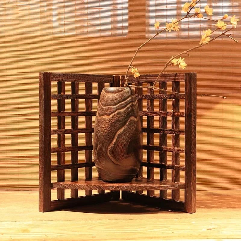 Antique Solid Wood Screen Rack Gridded Hollow Handcrafts Tea Room Tabletop Flower Stand Zen Planter Base Wooden Display Rack