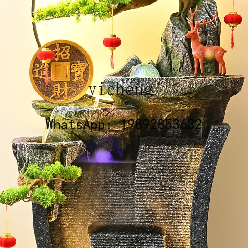 B-1    high mountains and flowing water attract wealth, feng shui wheel and flowing water ornament living room next to the
