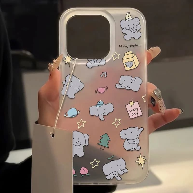 INS Cartoon Stars Elephant Print Frosted Clear Phone Case For iPhone 16 15 14 13 12 11 8 7 X XS XR Pro Max Plus Protective Cover