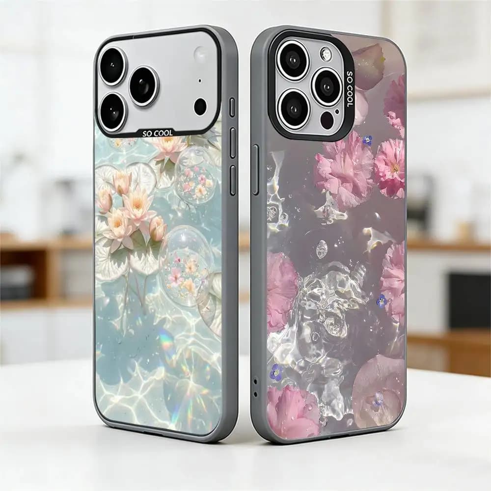 Pink Water Lily Bubble Phone Case For iPhone 17,16,15,14,13,12,11Plus,Pro Max,XS,Colorful Silver Phone case Funda Cover