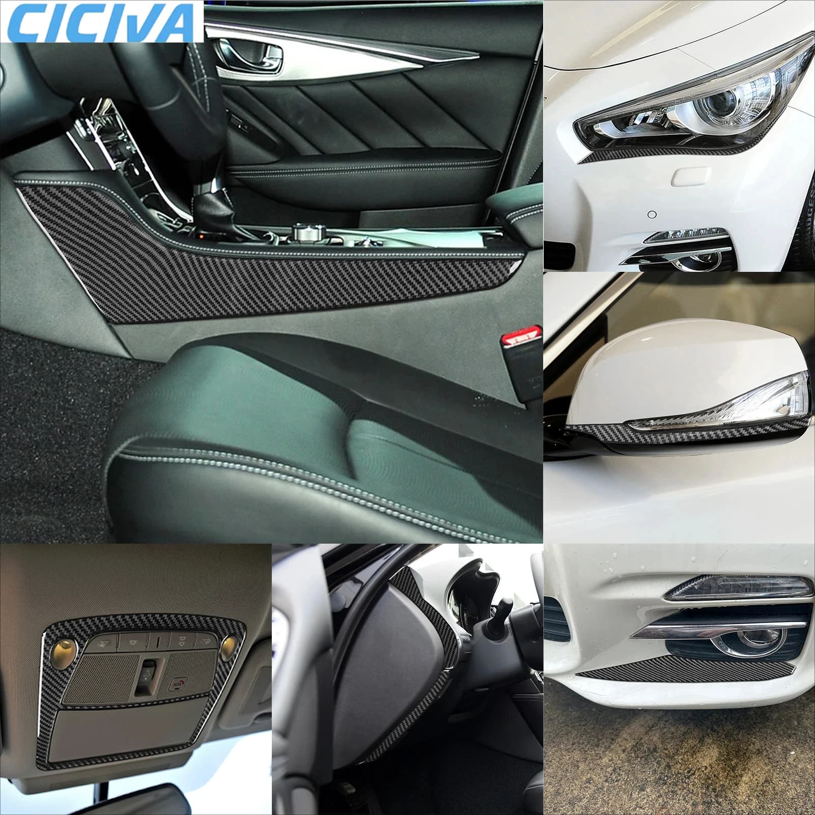 For Infiniti Q50 Carbon Fiber Accessories Interior 2014-2020 Headlight Lamp Brow Cup Holder Roof Spectacle Case Cover Stickers