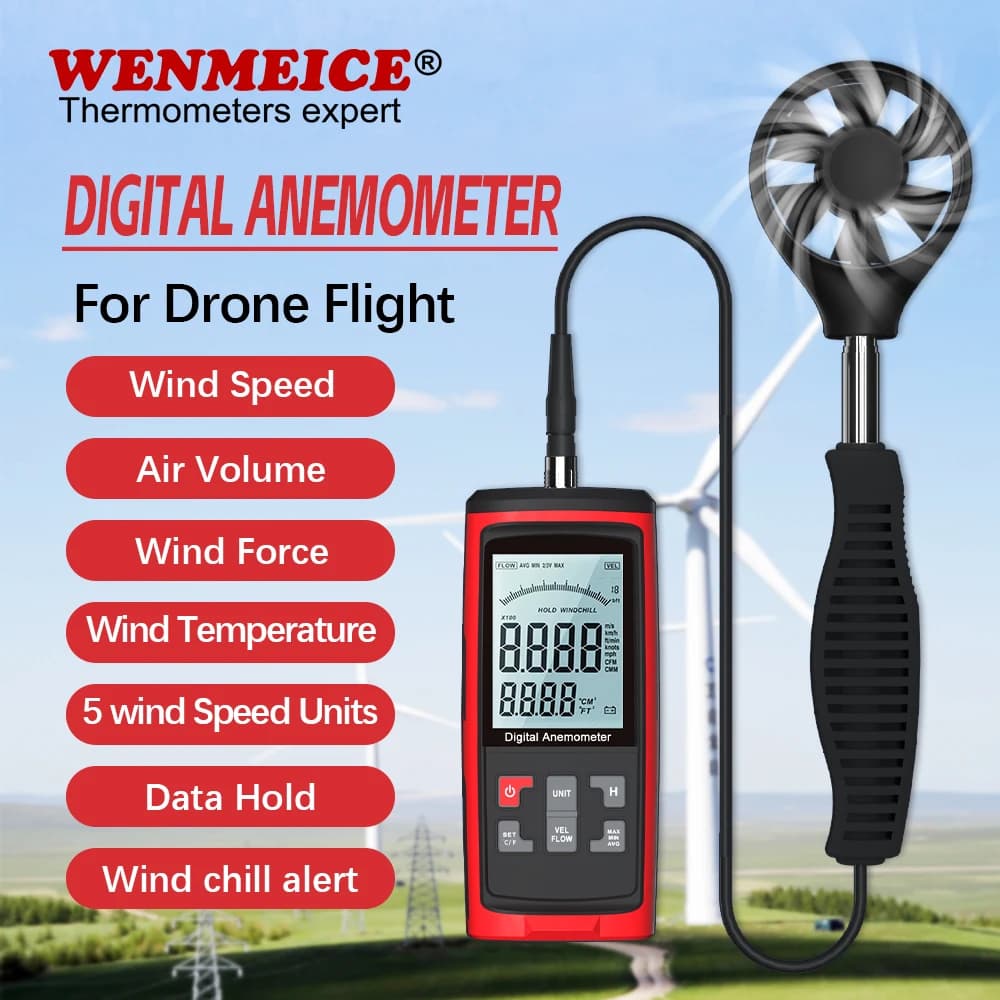 WENMEICE Digital Anemometer Meter Handheld Wind Speed Meter Wind Power Temperature Air Volume Tester for Drone Environment