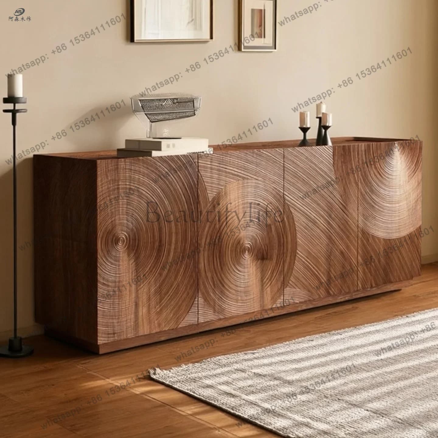 North American black walnut solid wood sideboard, Italian light luxury art carving, living room against the wall, home locker