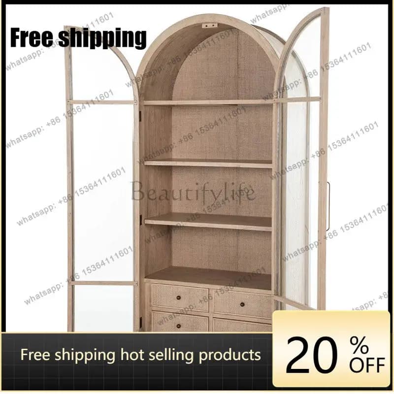 LD American solid wood retro wine cabinet Nordic rattan storage double glass door display cabinet