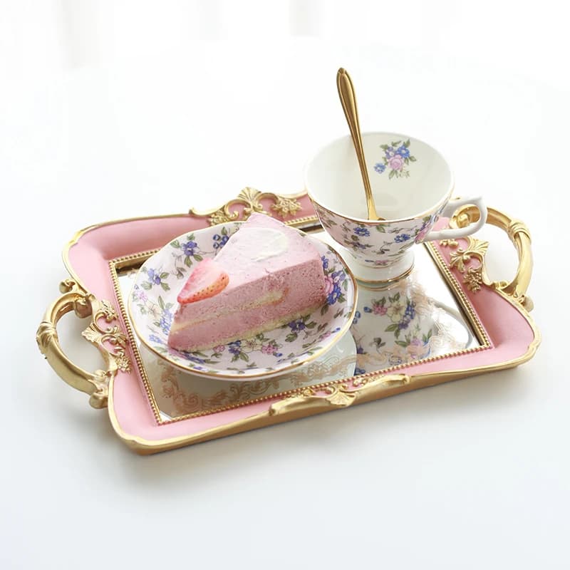 Vintage Carved Mirror Glass Tray European Bathroom Vanity Tray/Perfume Organizer Antique Metal Frame Serving Plate