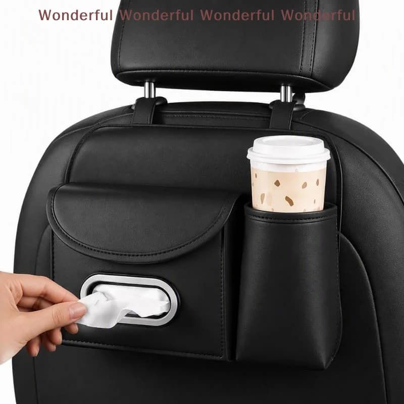 Eco-friendly PU Leather Car Tissue Holder with Non-slip Cup Pocket for Daily Commute Road Trips Auto Use