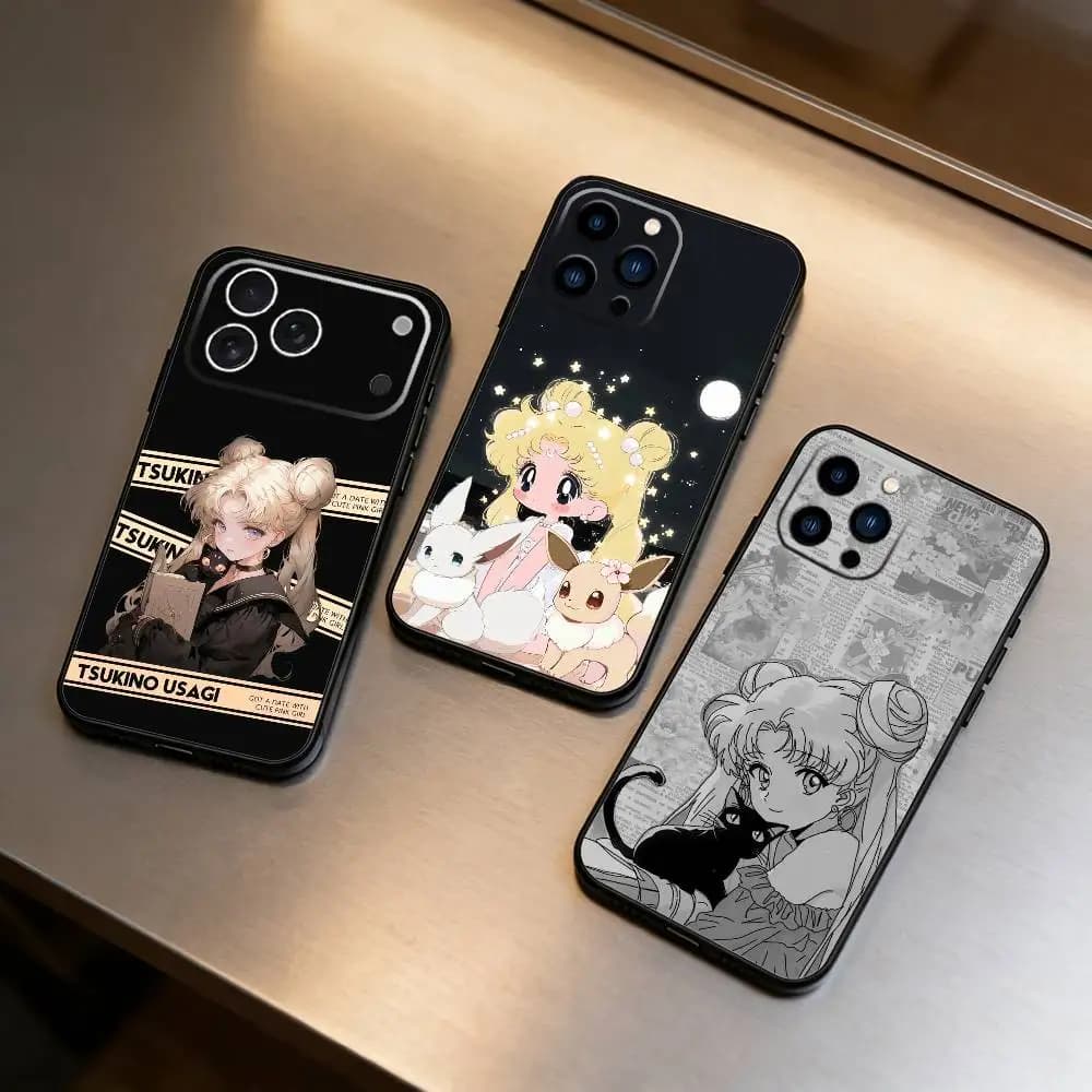 Cartoon F-Sailor M-Moons Phone Case For iPhone 17 16 15 14 13 12 Max Plus Silicone Black Cover