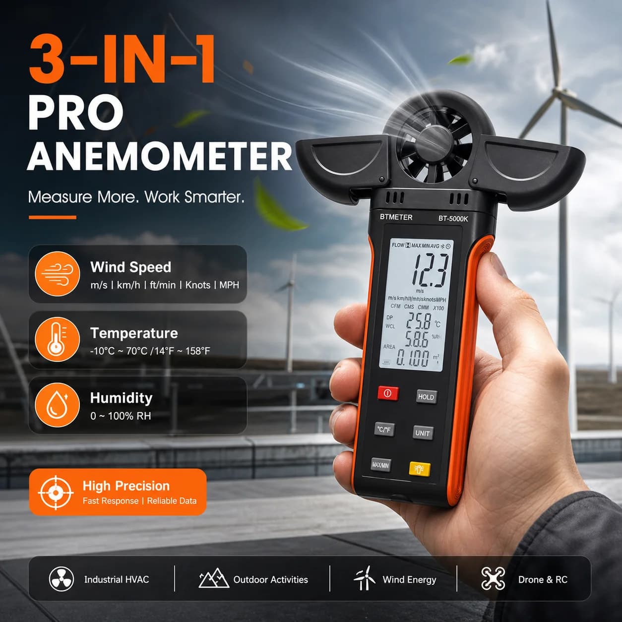 Digital Anemometer Wind Speed Meter Temp Humidity Tester 6 Units LCD Backlight Air Flow Measure for HVAC Drone Sailing