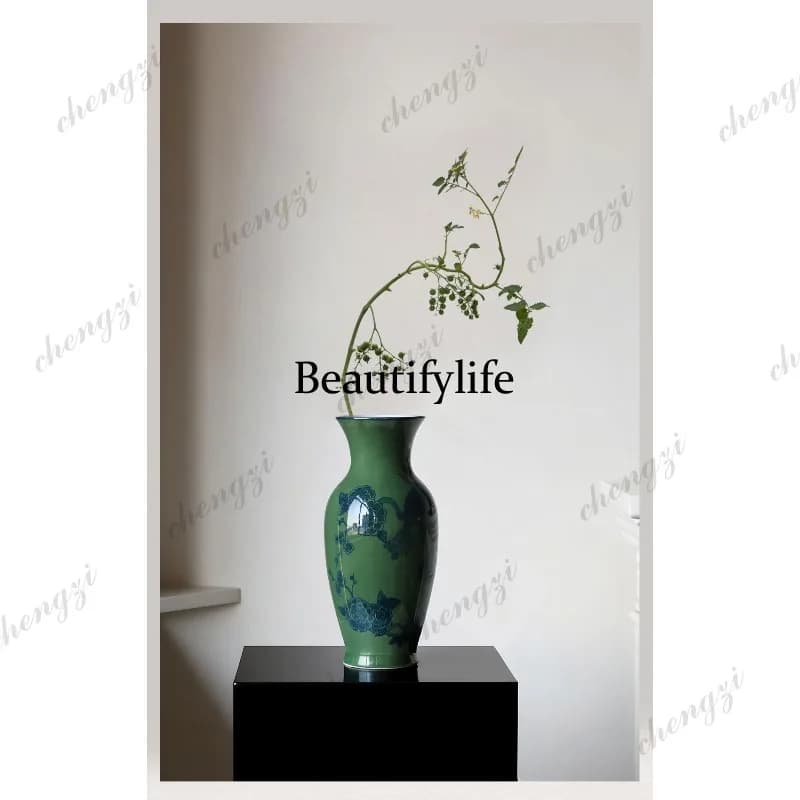 New Chinese hand-painted green blue and white porcelain vase living room, ornament entrance, ceramic flower arrangement
