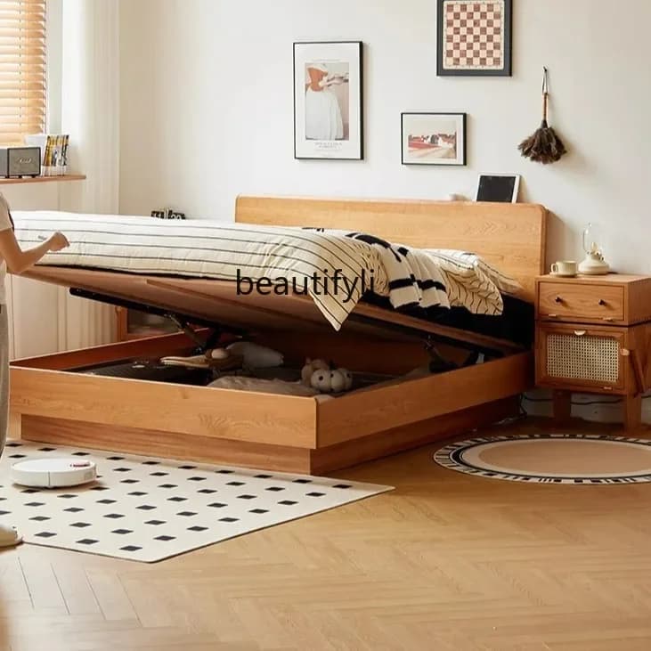 X Modern Minimalist Electric Box Bed Nordic Cherry Wood Solid Wood Bed Storage Bed