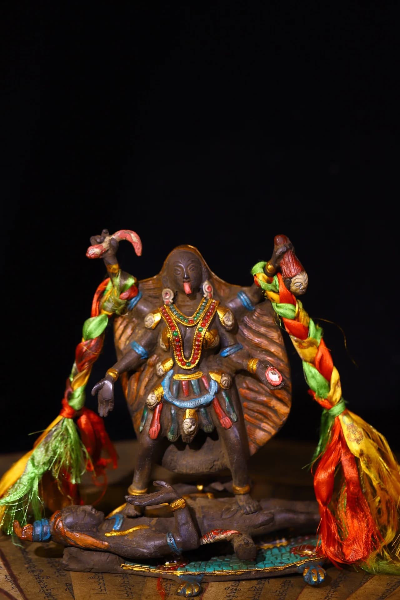 9"Nepalese folk  Old  Bronze Painted Mosaic Gem gZi Beads Turquoise KaliGoddess Kali Kalyai Namah Buddha Worship Hall