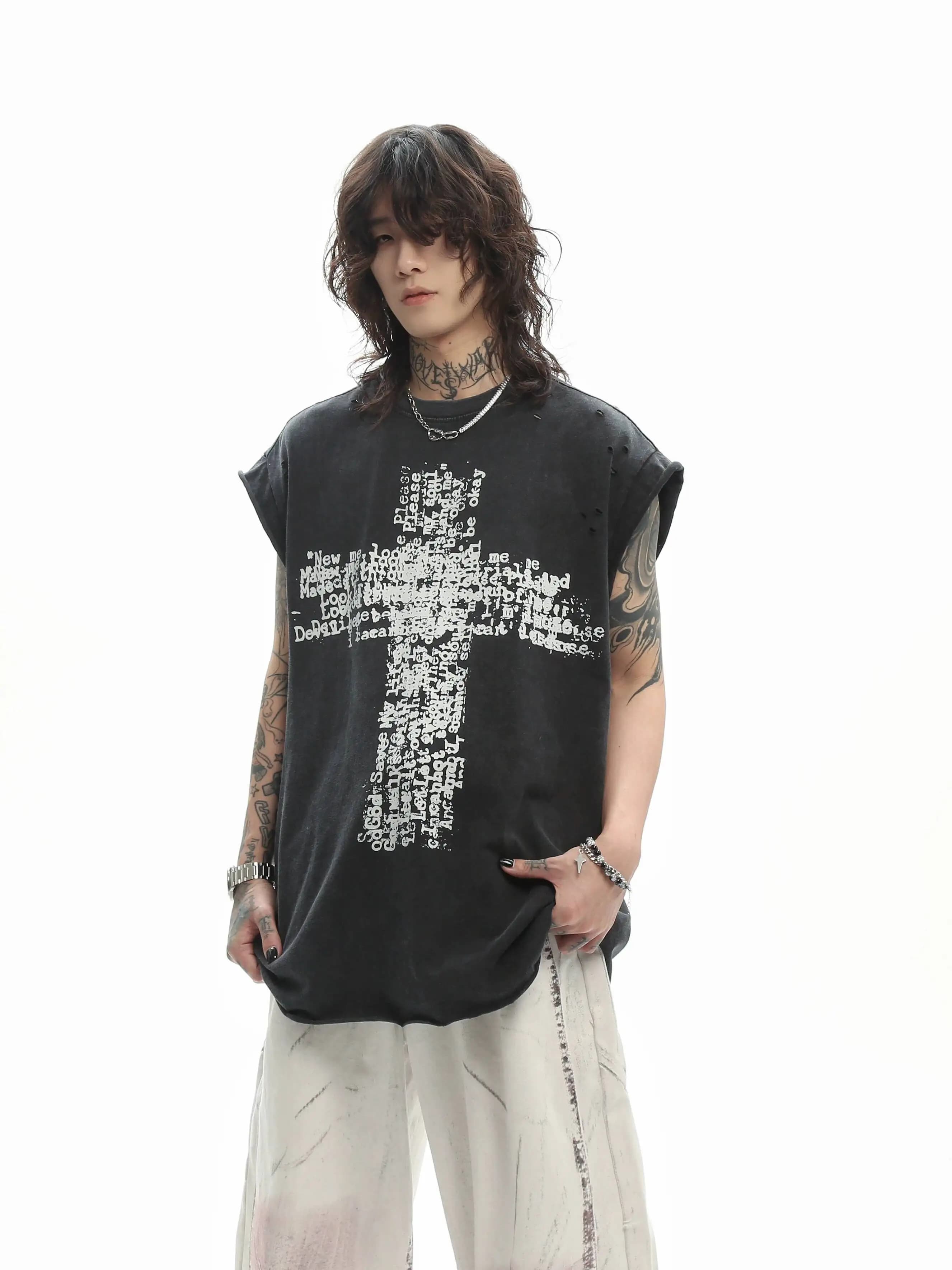 2026 New Men American High Street Distressed Cross Print Washed Sleeveless Tank Tops Summer Vintage Loose Streetwear Vests