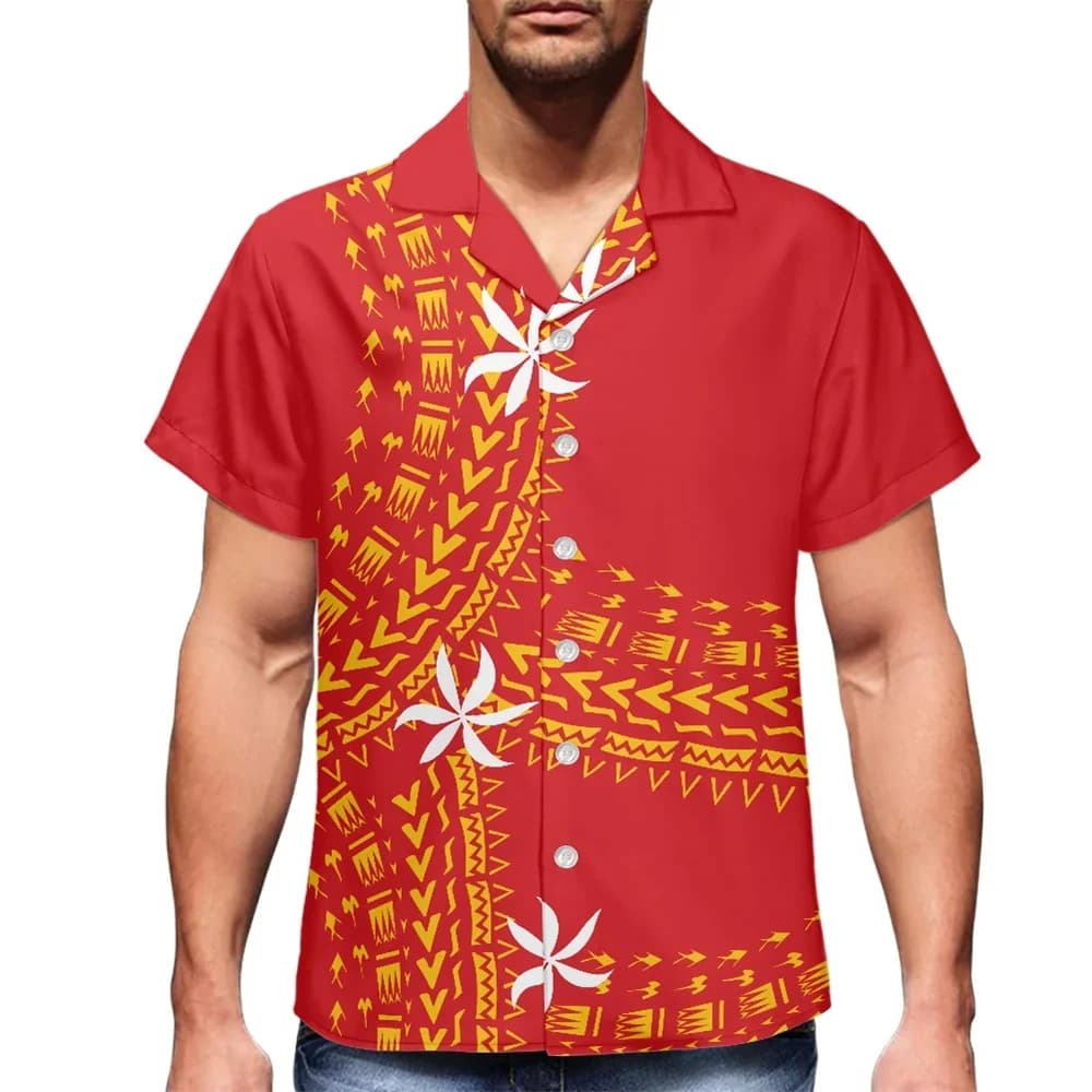 Casual Button Down Aloha Shirts for Men Polynesian Samoan Tirbal Clothing Red Tapa Masi Cloth Print Custom Hawaiian Shirt
