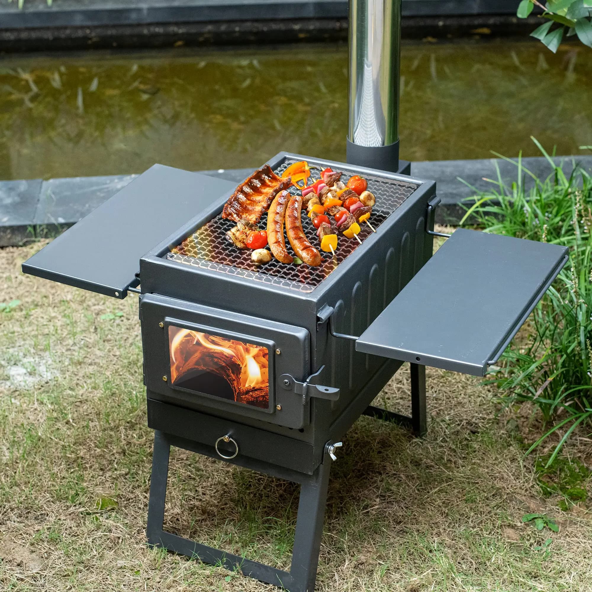 Portable Wood-Burning Camping Grill Firewood BBQ with Cooking Grate and Spark Screen for Outdoor, Backyard, Backpacking
