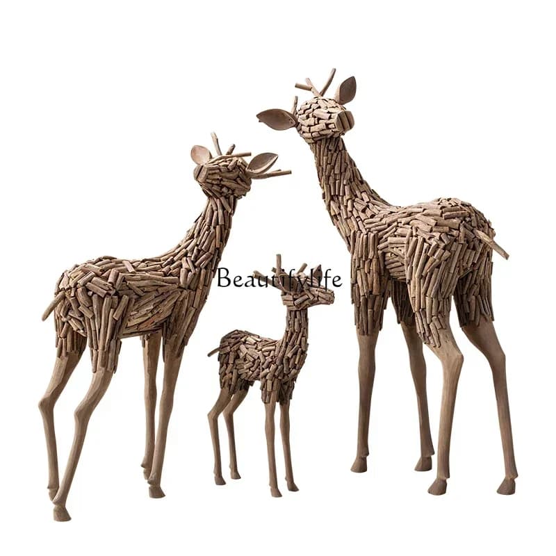 Solid wood lucky deer sculpture floor-to-ceiling large ornament B & B hotel crafts