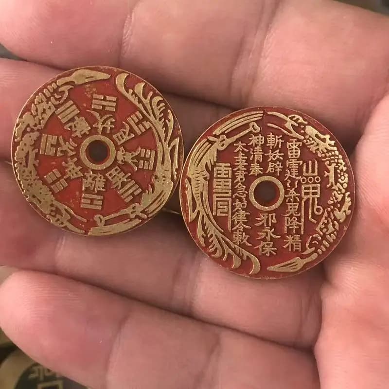 Small Brass Cinnabar with Thunder, Eight-Trigram, Floral Dragon Pattern, Money Amulet, Home Decoration Hanging Ornament,