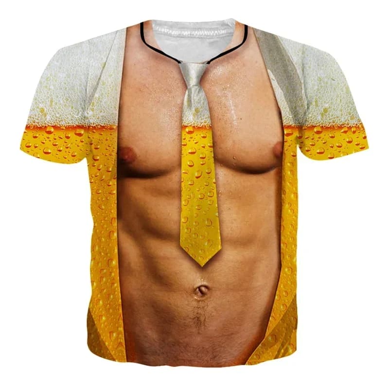 New Cute 3d Funny Muscle Beer T-shirt Summer Short-sleeved Cute Beach Street Casual Couple Top Sports Breathable And Lightweight
