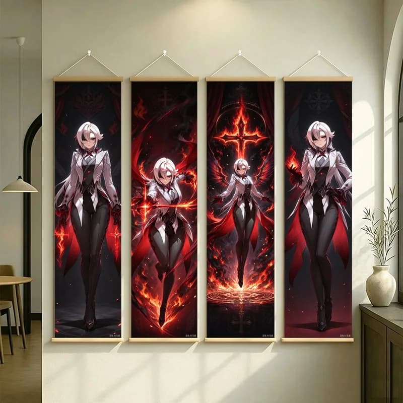 Hanging Scroll Wall Art of Genshin Impact Arlecchino with Dark Crimson Motifs, Silver Shimmer Canvas for an Anime Bedroom