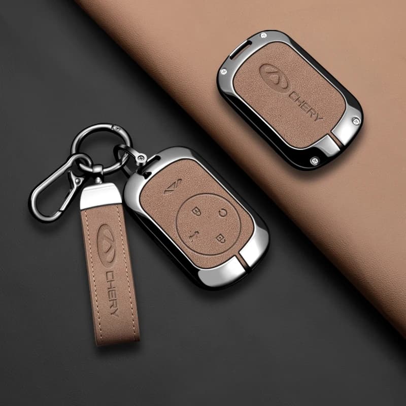 Key Fob Cover for Chery Fulwin A9L/A8L/A9/X3/X3L/T8/T9/T9L/T10/T11, Metal+Leather  Protective KeyCase Shell with Keychain