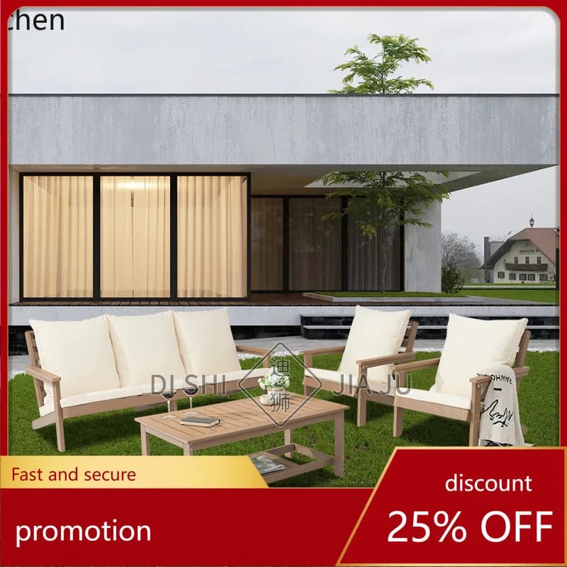 HXL Outdoor Sofa and Coffee Table Set, Waterproof and Rainproof Plastic Wood Sofa Set for Courtyard