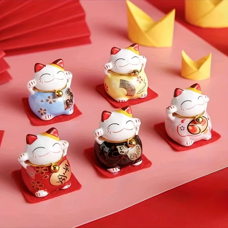 A Set Of 5 Cats - Ceramic Lucky Cat Statues For Home Office Decoration, Christmas Collectible Miniature Statues, Non Electric
