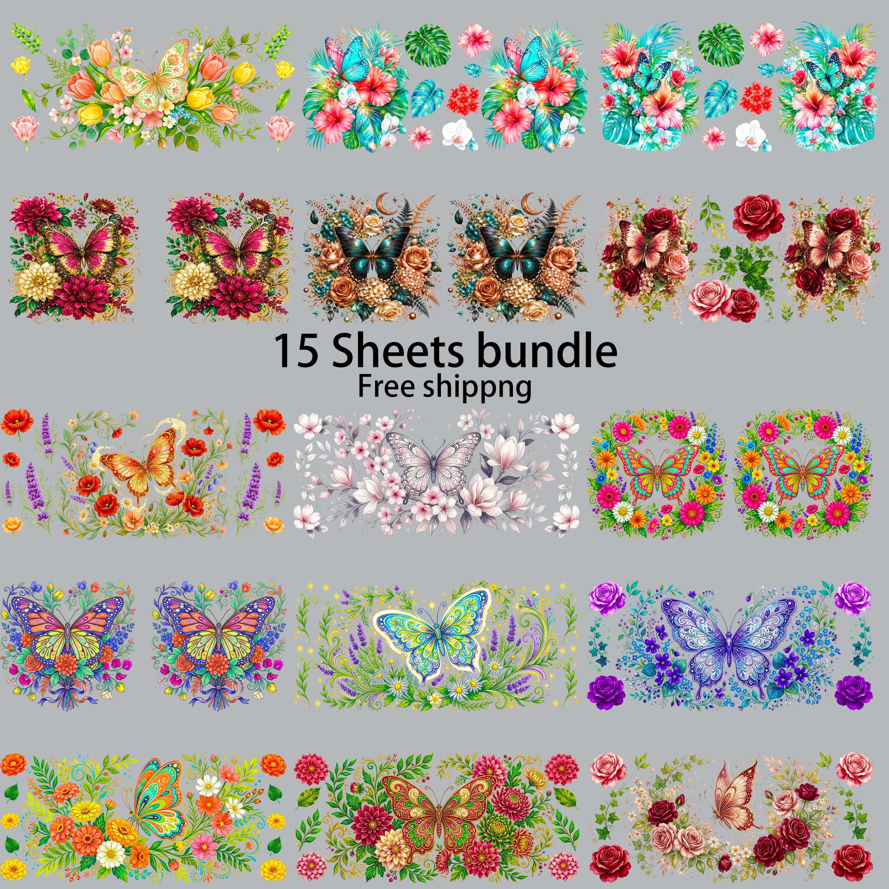 15pcs Butterflies and Bees 16oz UV DTF Sticker Waterproof Party DIY Decals 3D transfers uvdtf tumbler stickers uv dtf cup wrap