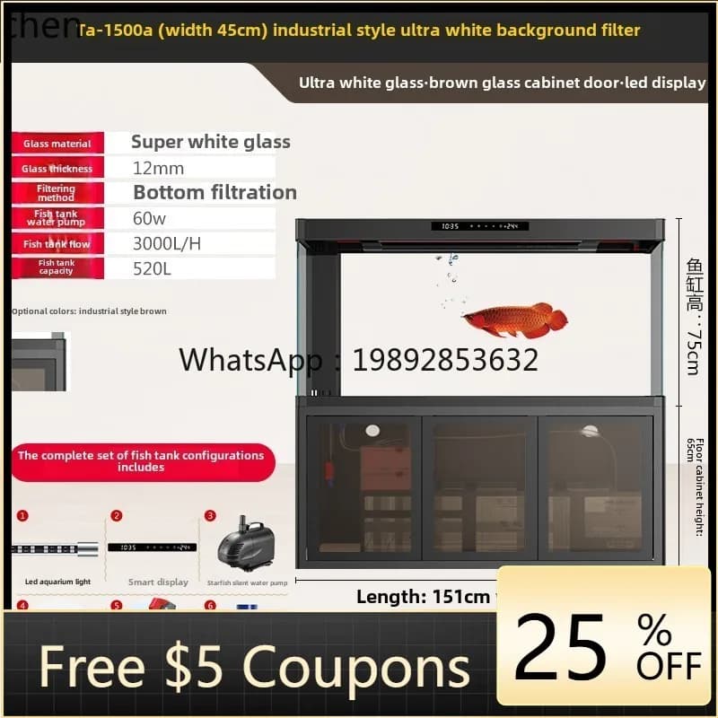 YGG  fish tank aquarium living room floor-to-ceiling large water-free ecological household ultra-white glass