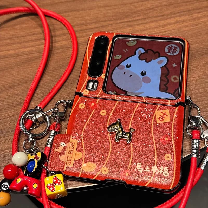 Luxury Metal Horse Phone Case for Xiaomi Mix Flip / Xiaomi Mix Flip 2 Casing Red Leather Chinese New Year Get Rich Cover Fundas