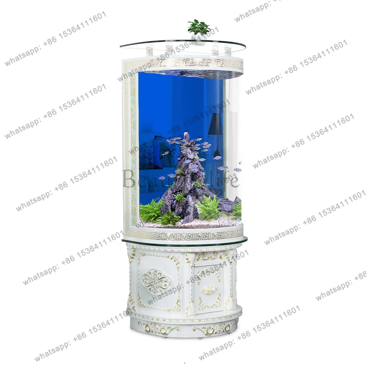 Semicircular large household fish tank living room floor-to-ceiling small glass ecological water-free against the wall
