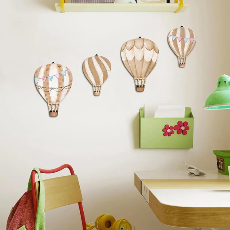 4pcs Colorful Painted Wooden Hot Air Balloon Wall Ornaments Set Kids Room Hanging Decoration Living Room Home Decor Wood Crafts