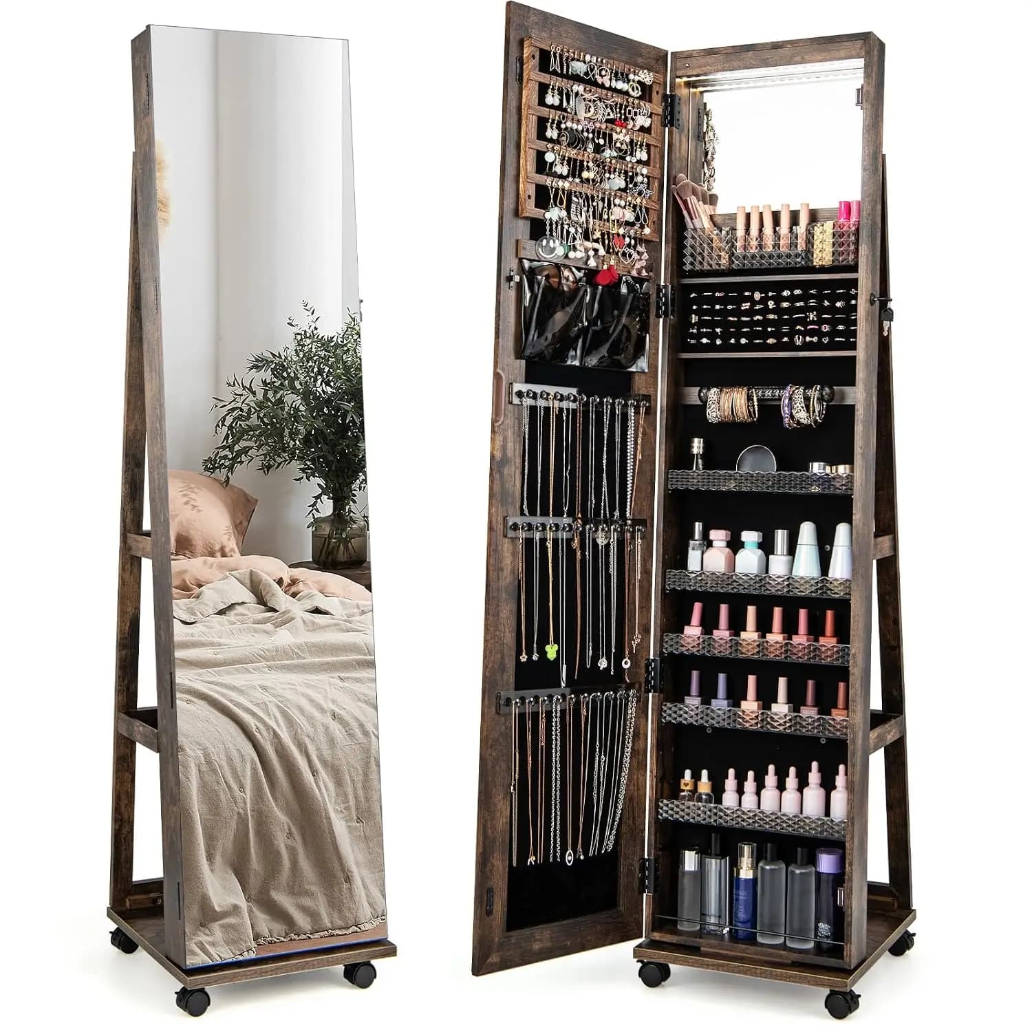 360° Rotating Jewelry Organizer, Jewelry Armoire (Rustic Brown)