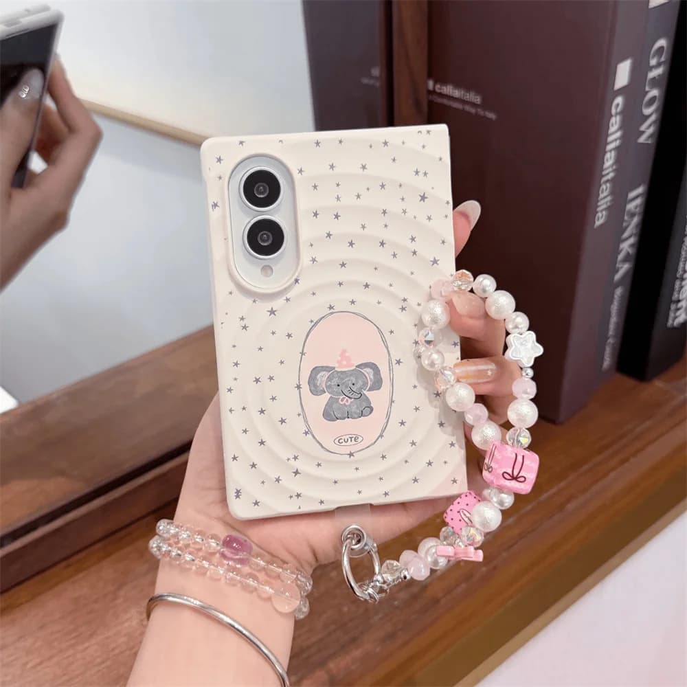 Cute Cartoon Party Elephant Magnetic Phone Case For Samsung Galaxy Z Fold8  Protective Cover for Magsafe Pink Pearl Wrist Chain