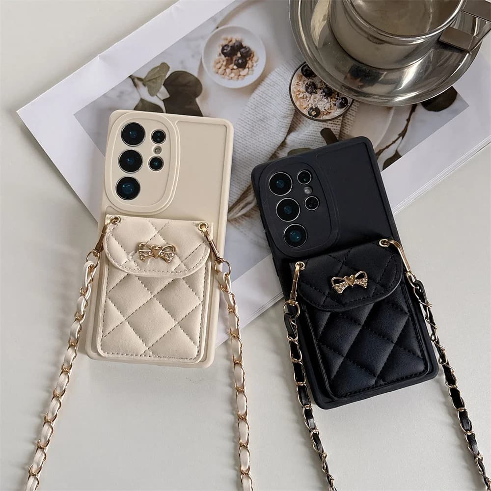 Stylish Heart Bow Quilted Card Holder Phone Case for S26 Ultra Luxury Wallet Crossbody Strap Cover for Samsung Galaxy S25 A57