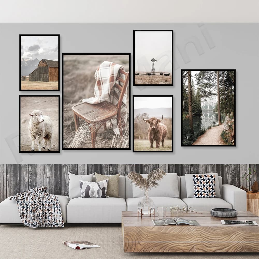 rural farmhouse landscape, highland cattle, autumn forest print, highland cattle, wheat field, nature wall decor poster