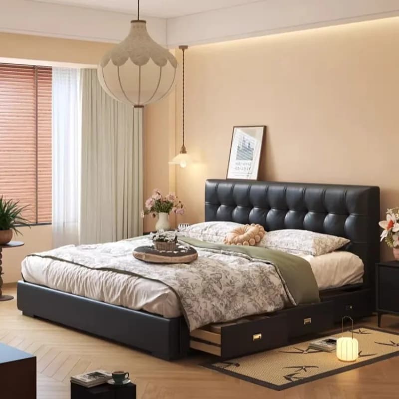 Minimalist Cream Bed Frame Style Wooden Leather Storage Dimmable Wireless Charging Bed Sheets Narrow Modern Bed Room Furnitures
